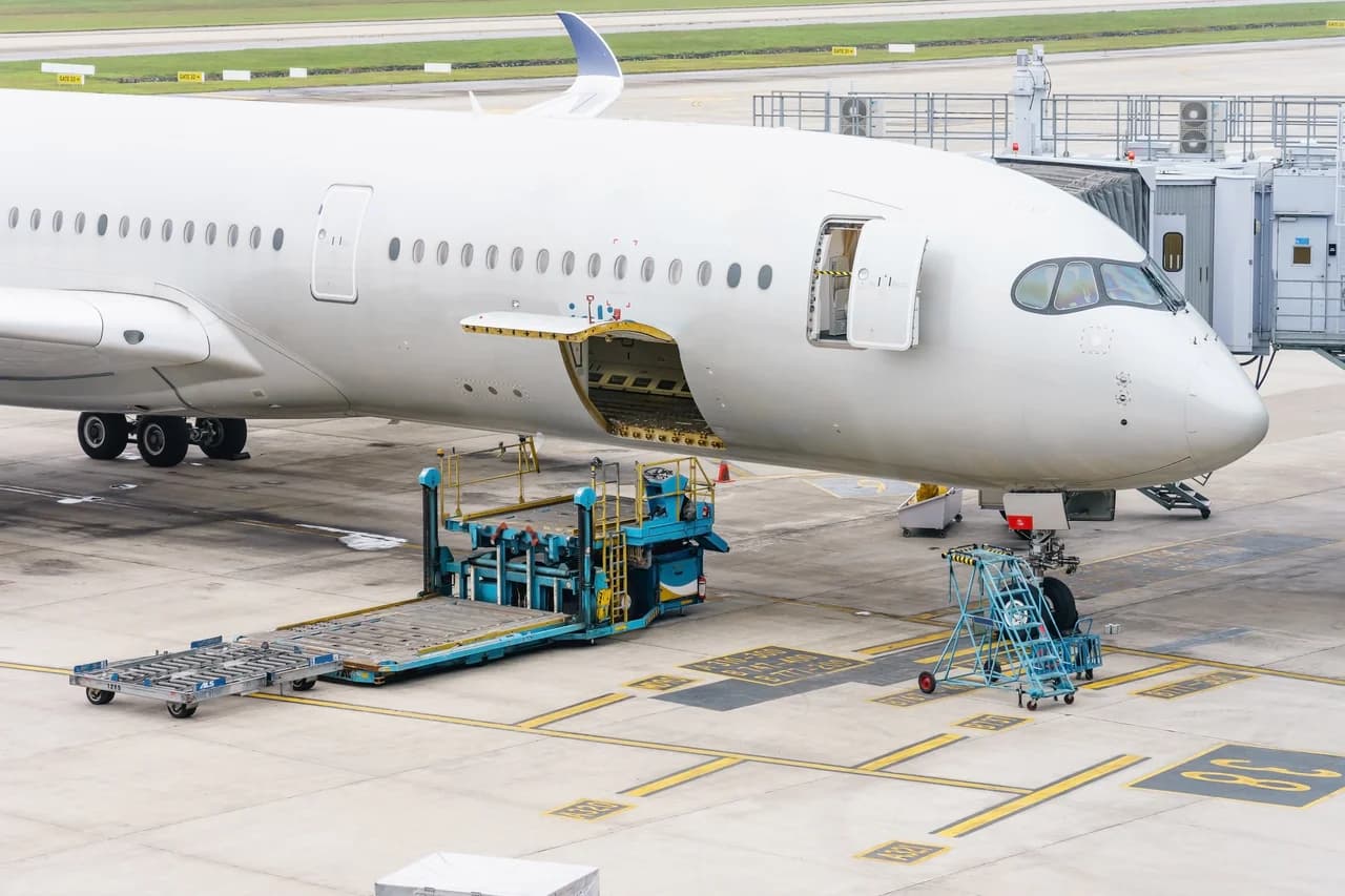 Commercial aircraft parked at the gate with ground service equipment positioned for turnaround operations