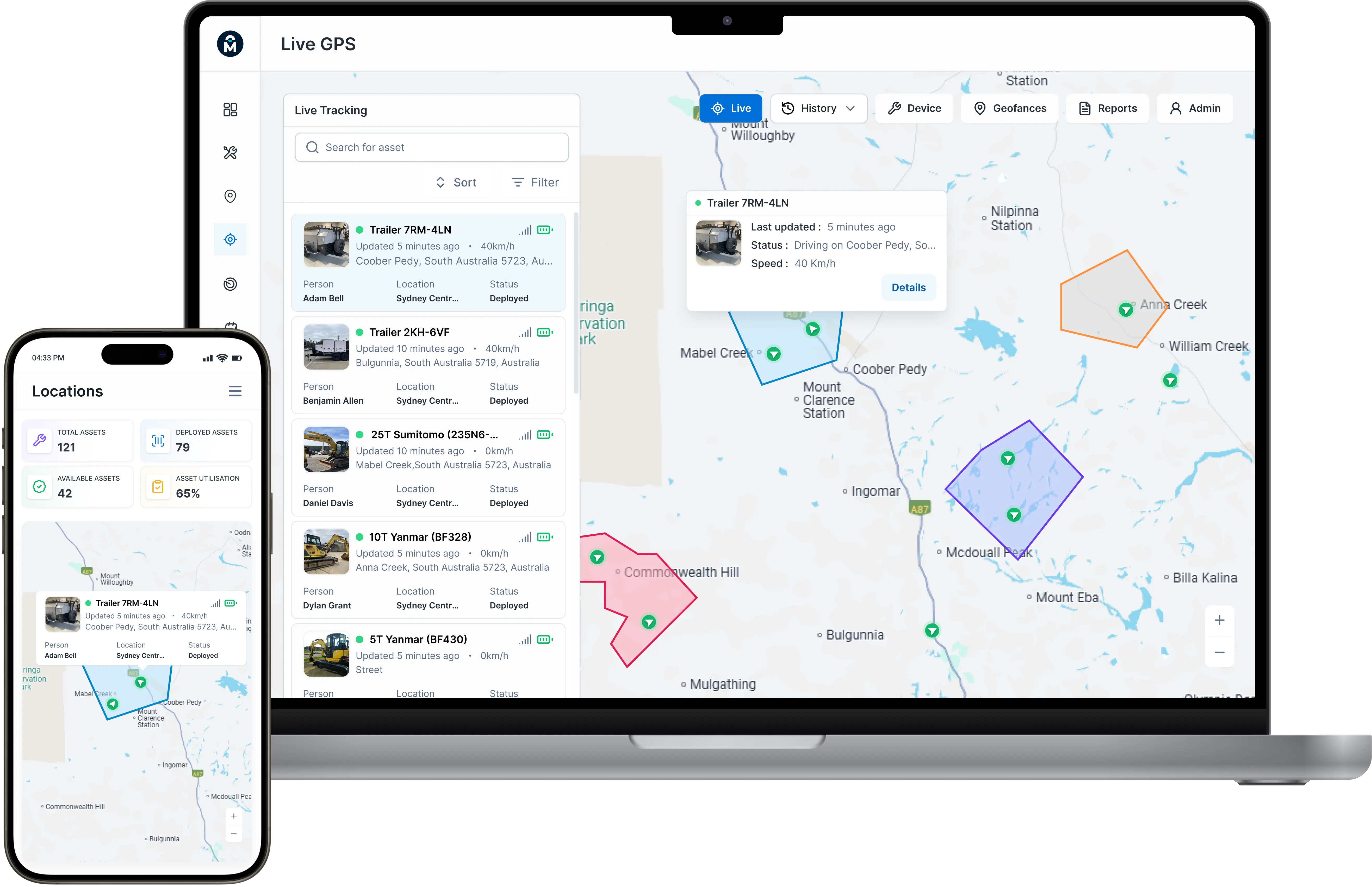 Live GPS tracking map showing fleet and plant locations with geofences across multiple sites in MapTrack