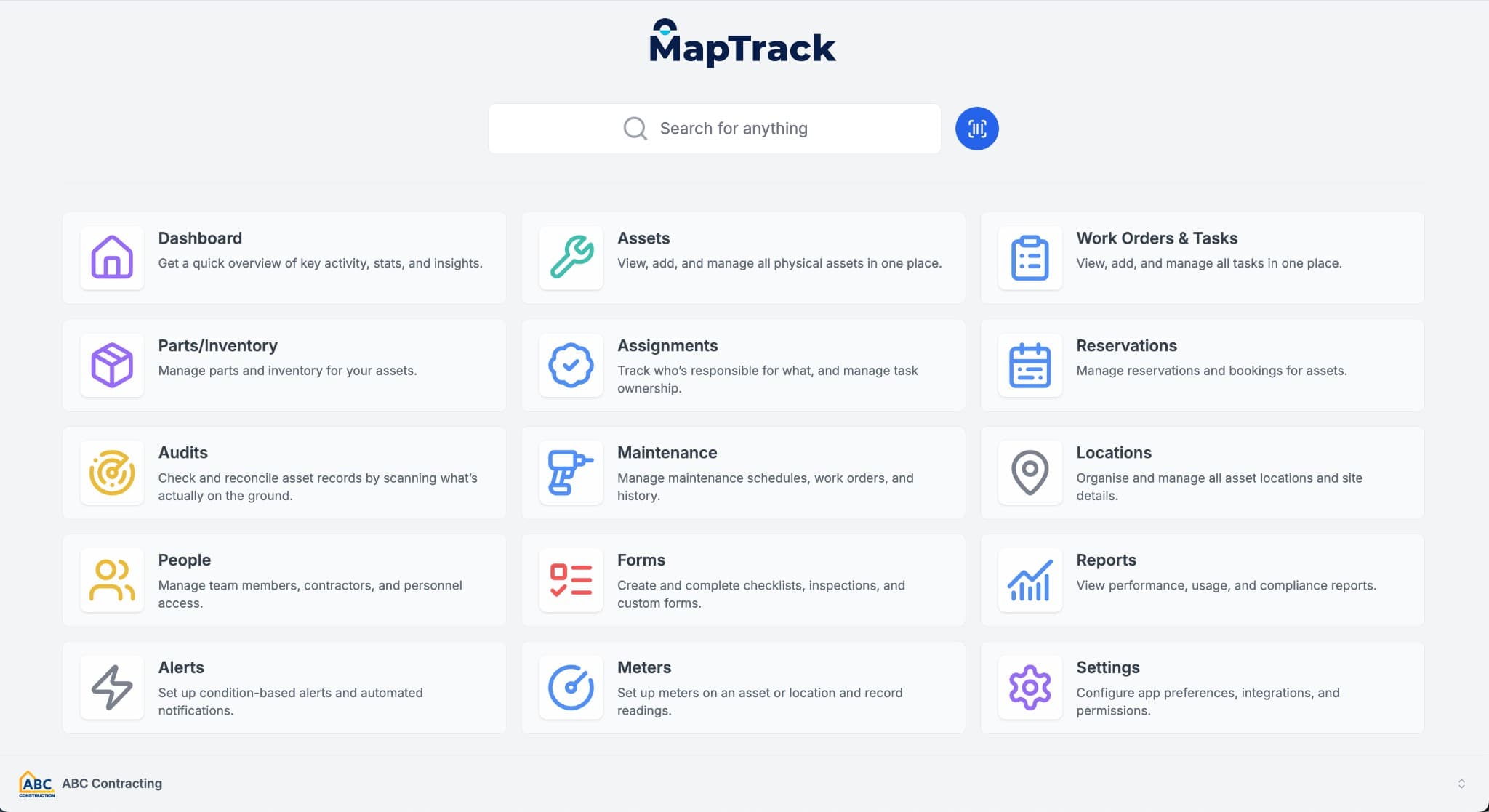 MapTrack full navigation: Dashboard, Assets, Work Orders & Tasks, Maintenance, Parts, Assignments, Reservations, Audits, Forms, Reports, Alerts, Meters and more in one platform