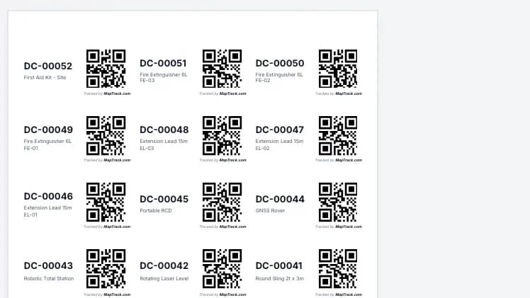 A MapTrack sheet of QR tag labels, each with its tag ID and asset name.