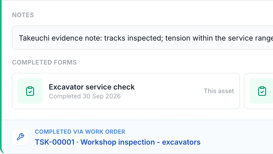 A MapTrack asset's history: a completed excavator service check and the work order that completed a workshop inspection.
